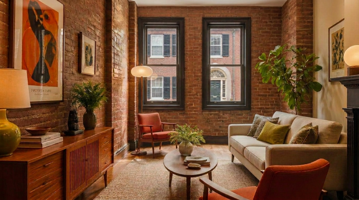 A Boston brownstone interior decorated with mid-century modern furnishings