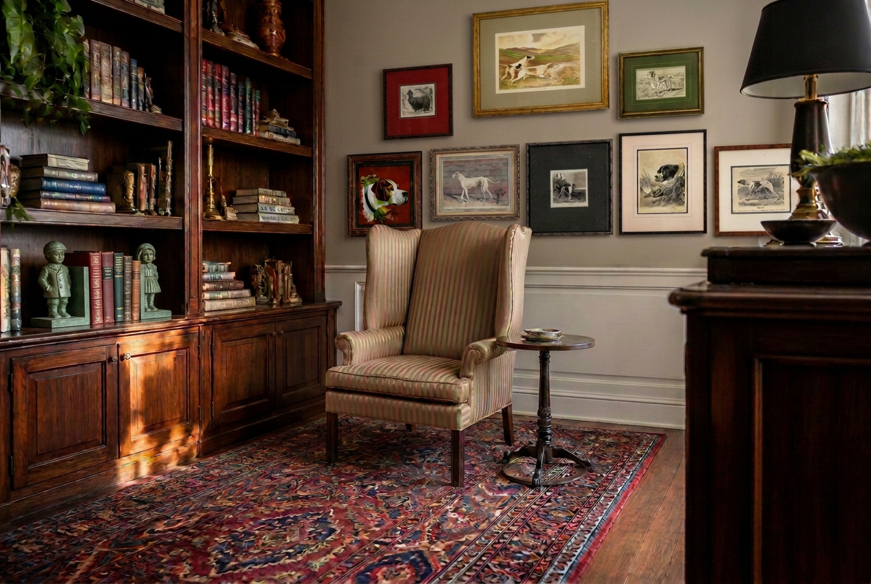 A classic brownstone parlor with built-in shelving, a pair of bronze-patina boy and girl bookends, a striped wingback chair, a tribal Persian rug, and a gallery wall of framed sporting prints